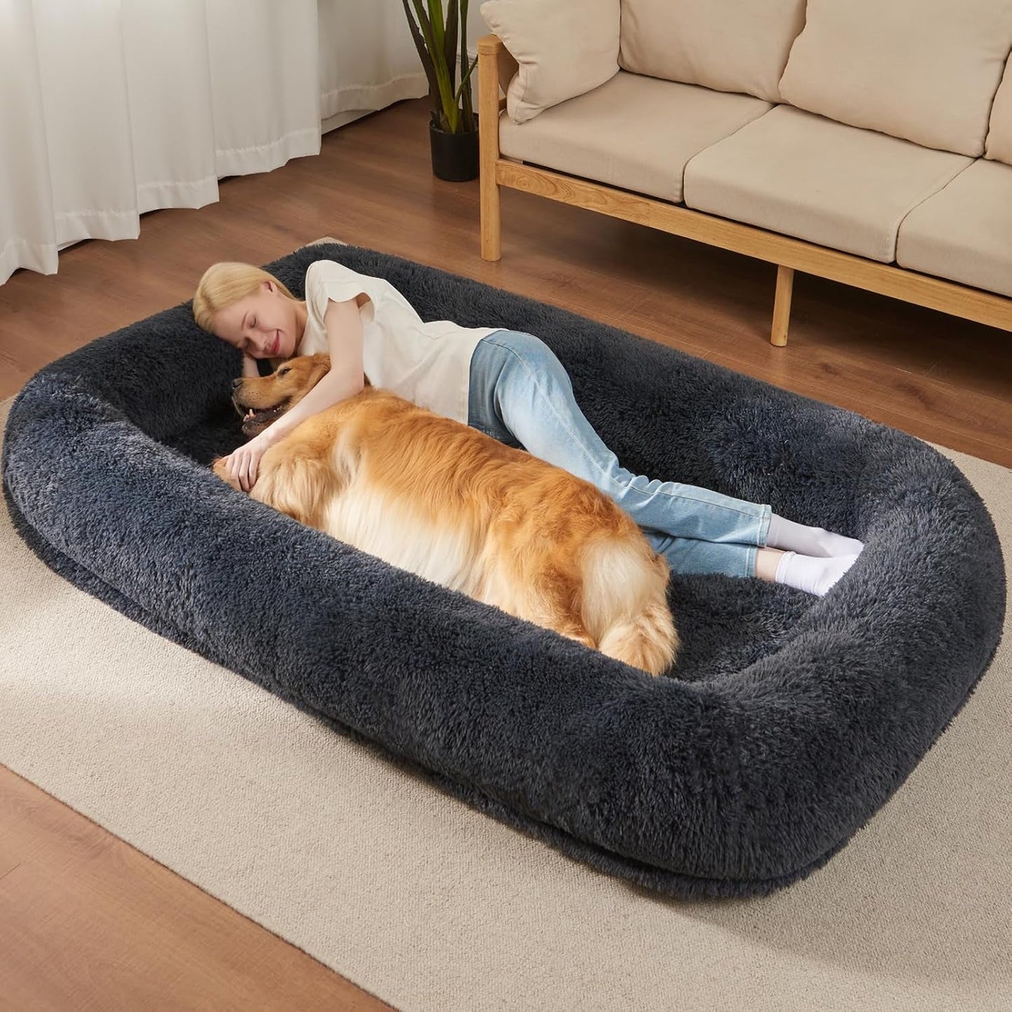 Human Dog Bed for Adult - Human Size Dog Bed for People with 320 GSM Luxurious Fluffy Faux Fur Cover, Giant Dog Bed for Humans Bean Bag Bed with 40D Orthopedic Memory Foam, (Large, Black)