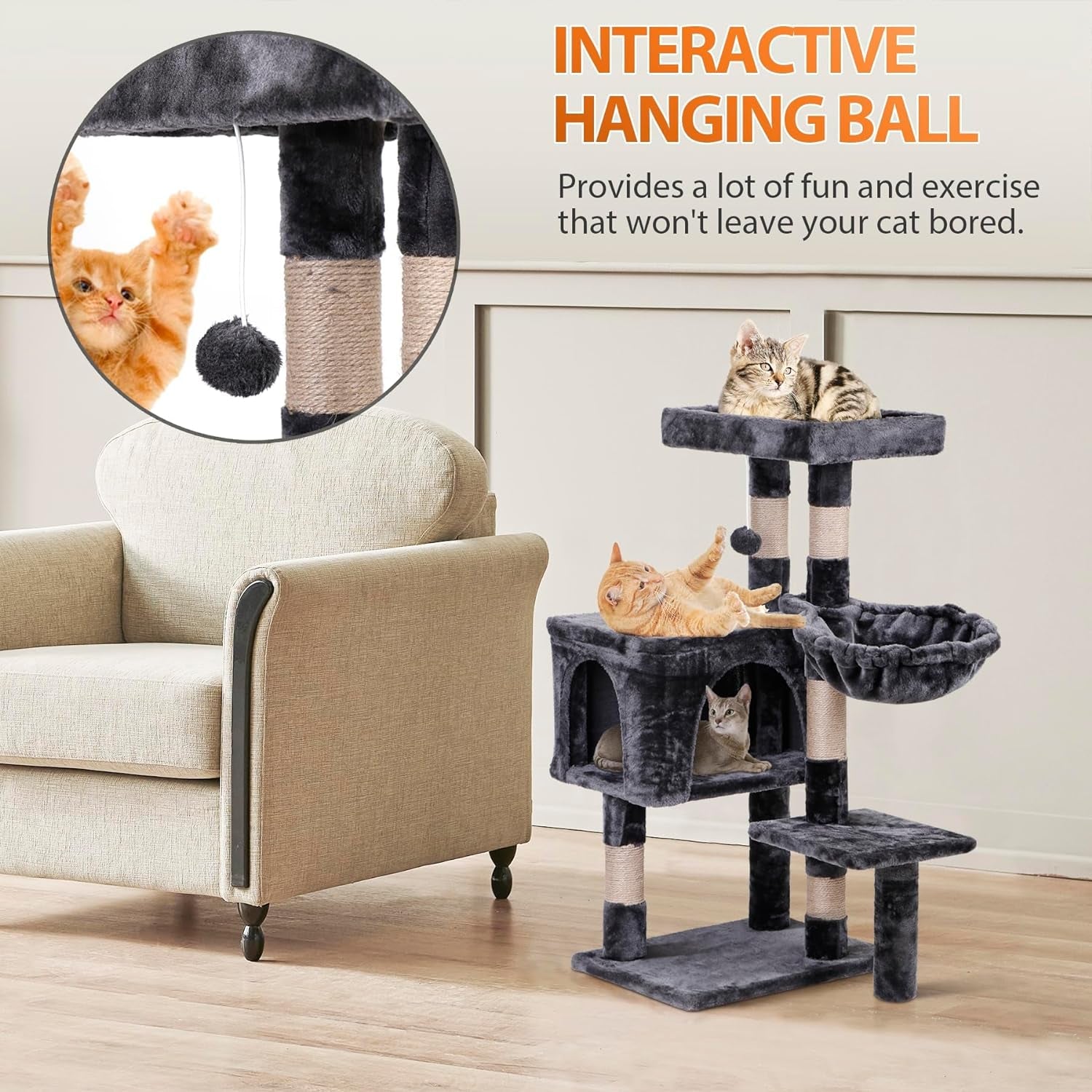 35.5 Inch Cat Tree for Indoor Cats, Multi-Level Cat Condo Tower with Large Top Perch, Hammock and Scratching Posts, Dark Grey