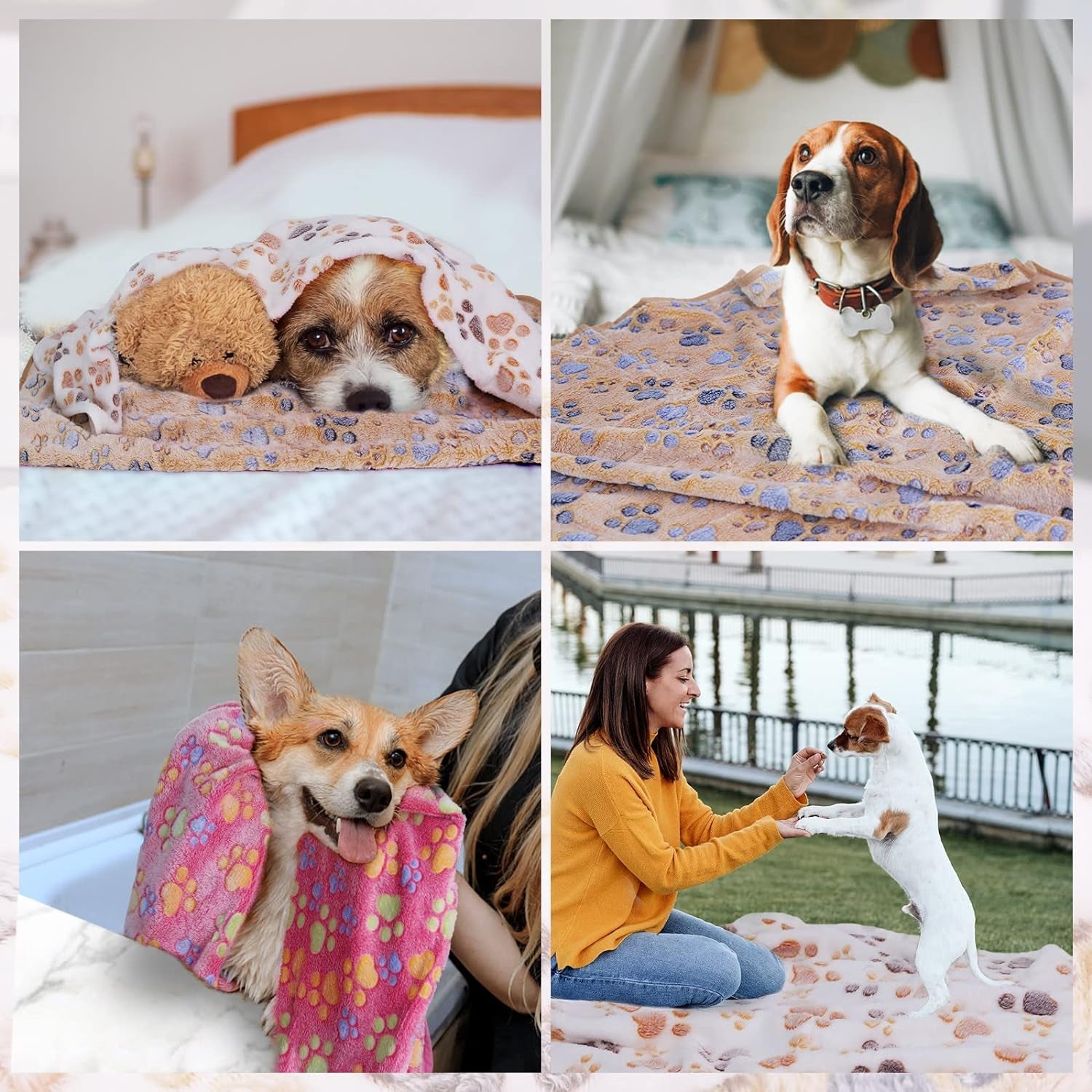 Comsmart Dog Blankets for Dog and Cat, Cute Paw Print Dog Bed Blanket, Soft Warm Fleece Throw Pet Blanket for Small Medium Large Dog, Puppy, Kitten, Guinea Pig (Brown/Pink/White, 1 Pack 3, 24 * 32In)