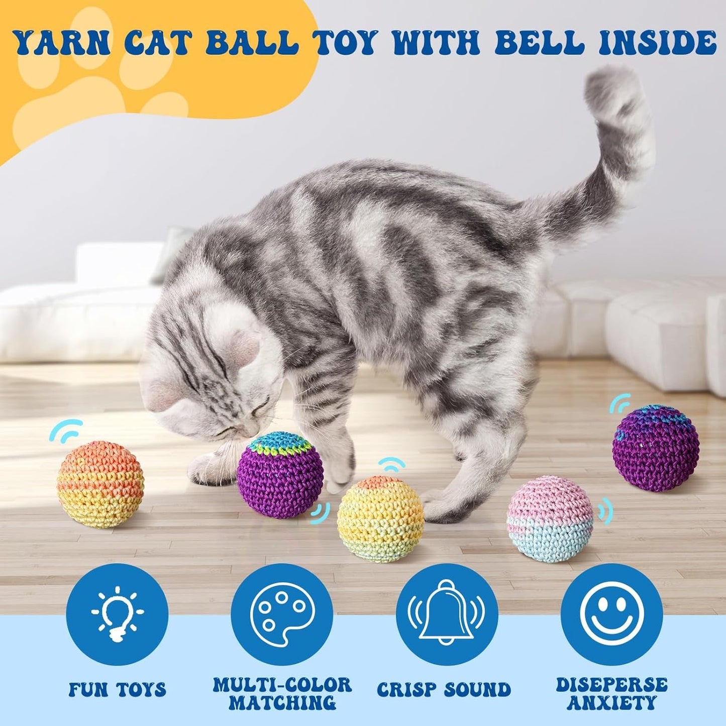 16 Pack Woolen Yarn Cat Ball Toy with Bell inside Cat Toys Balls Bulk Cat Toys for Indoor Cats Interactive Colorful Cat Chew Toys for Kitty Kitten Hand Knitted Rainbow Cat Toys Balls Pet Gift