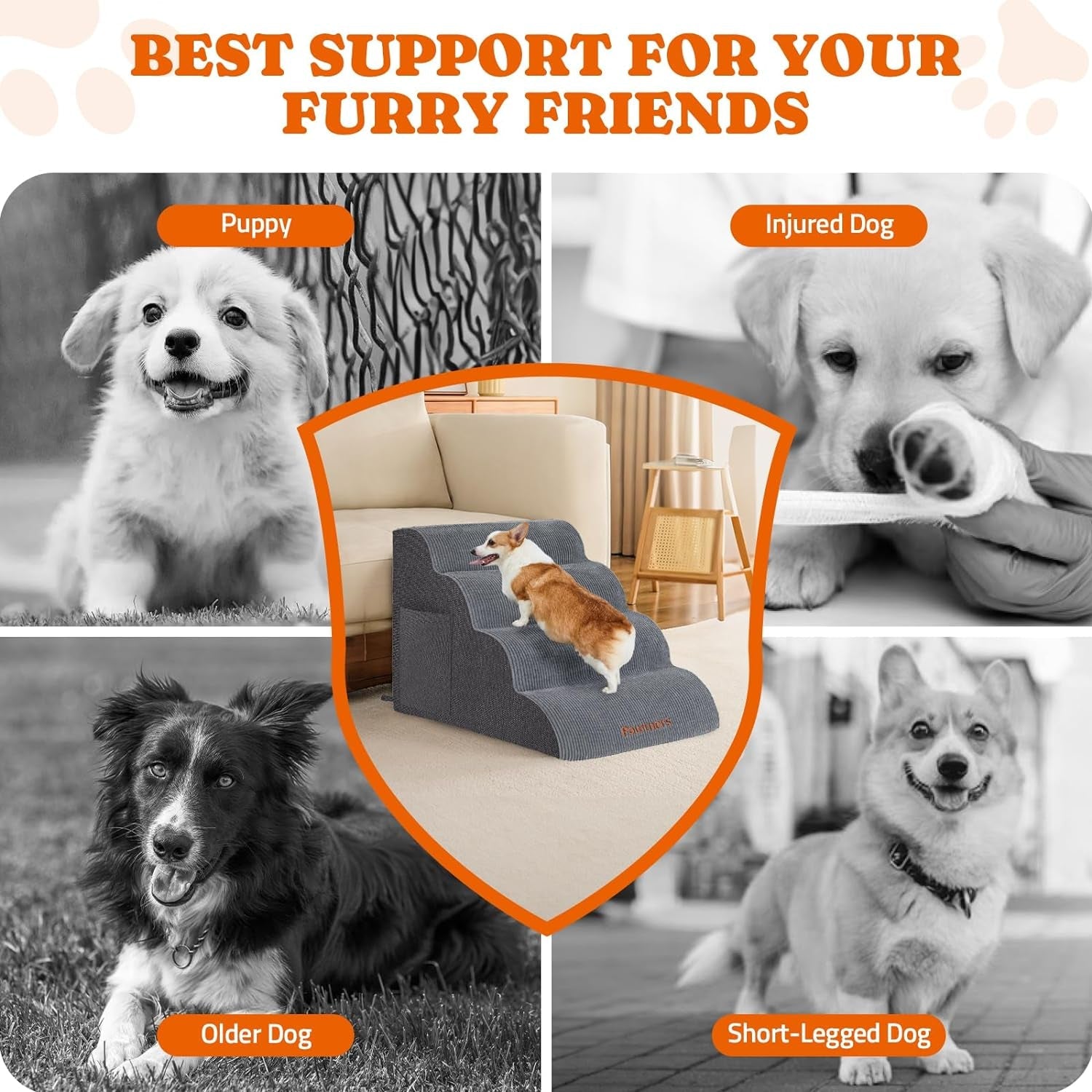 Dog Stairs for Small Dogs: Pawtners 4 Steps Dog Ramp for High Bed, Foam Pet Stairs for Large Cat and Medium Dogs, Dog Steps for Dogs to Get on Bed for Couch Sofa Bed Grey