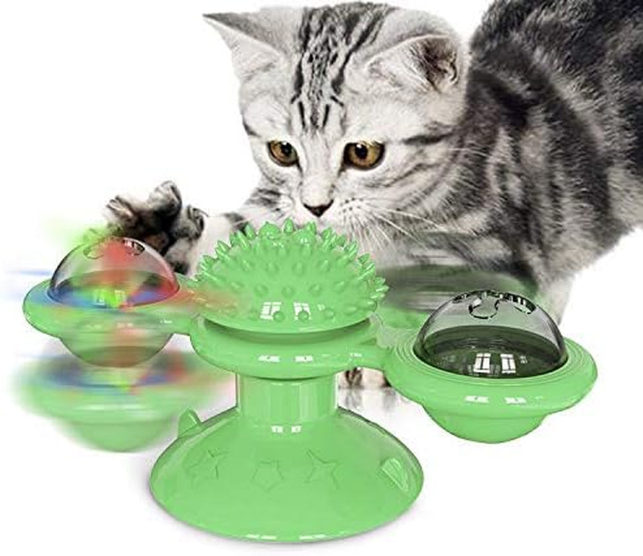Kitty Windmill Toy Ruffle Light up Rotating Scratching Cat Turntable Toy (Red Blue)