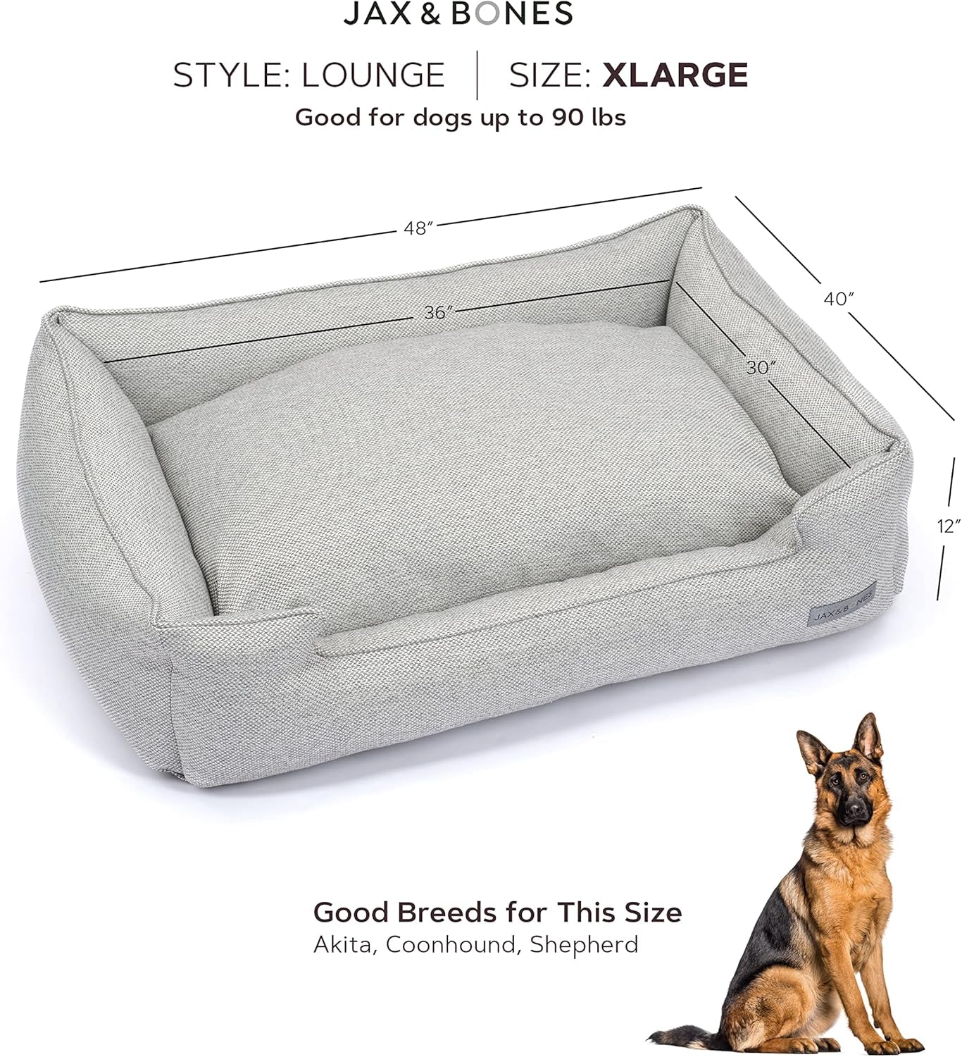 Jax & Bones Dog Bed Lounge - Machine Washable Bed for Dogs - Heavy Duty Bolstered Sides - Extra Large Grey Dog Mat Beds | 48 X 40 Inches