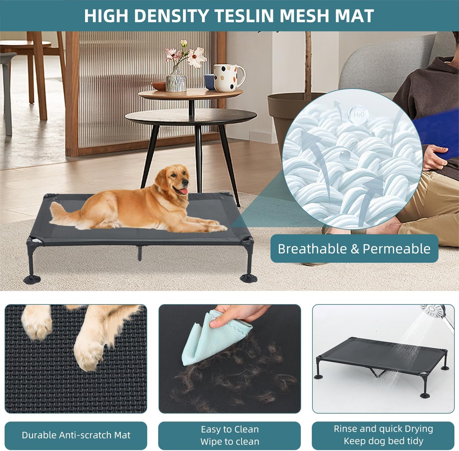 Elevated Outdoor Dog Bed with Canopy, Cooling Raised Dog Cot Bed with Removable Shade, Portable Pet Bed Cot with 360° Adjustable & Non-Slip Feet, Dog Tent Bed for Large Dogs Camping, Indoor & Outdoor