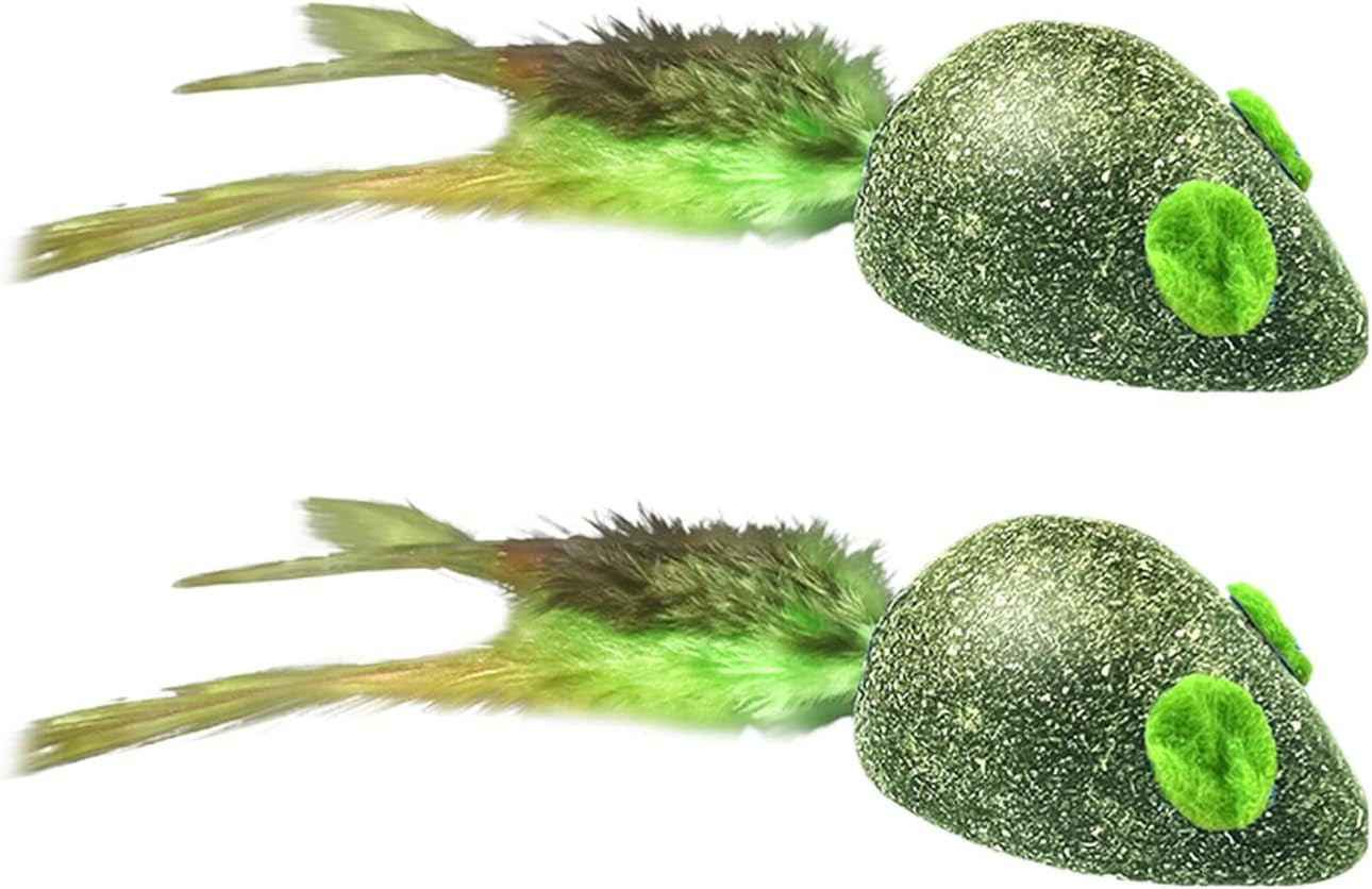 2Pcs Catnip Toys - Natural Edible Artificial Feather Decor Bite-Resistant Scratch-Resistant Oral Care Safe Mouse Shape Kittens Catnip Molar Teeth Chew Toys Green 2Pcs