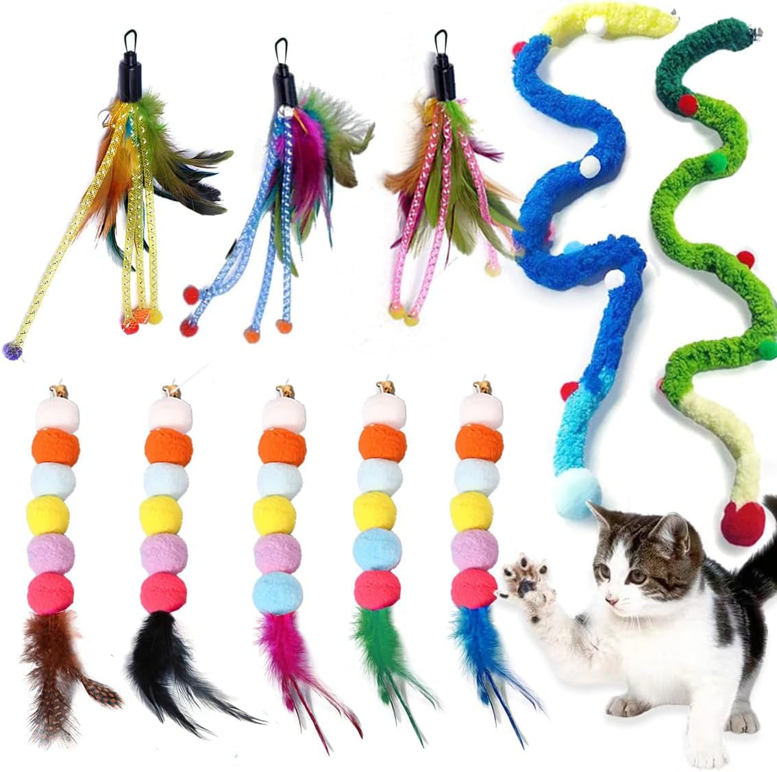 10-Piece Cat Wand Feather Replacement, Pompom Cat Toy Attachments, Ideal for Indoor Cats, Interactive Play, Exercise, Hunting Simulation, Durable, Easy to Attach, Enhances Cat Wand Playtime