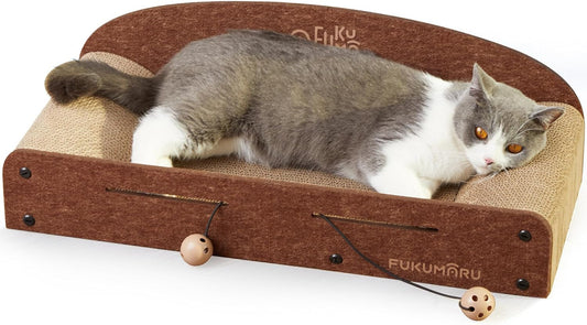 FUKUMARU 26 Inch Cat Scratcher Cardboard Lounge Bed, Durable Cat Scratcher Bed Large Lounger, 2 Reversible Cat Scratching Pads for Indoor Cats, Recyclable Cat Scratch Bed Cardboard with Bell Ball Toy