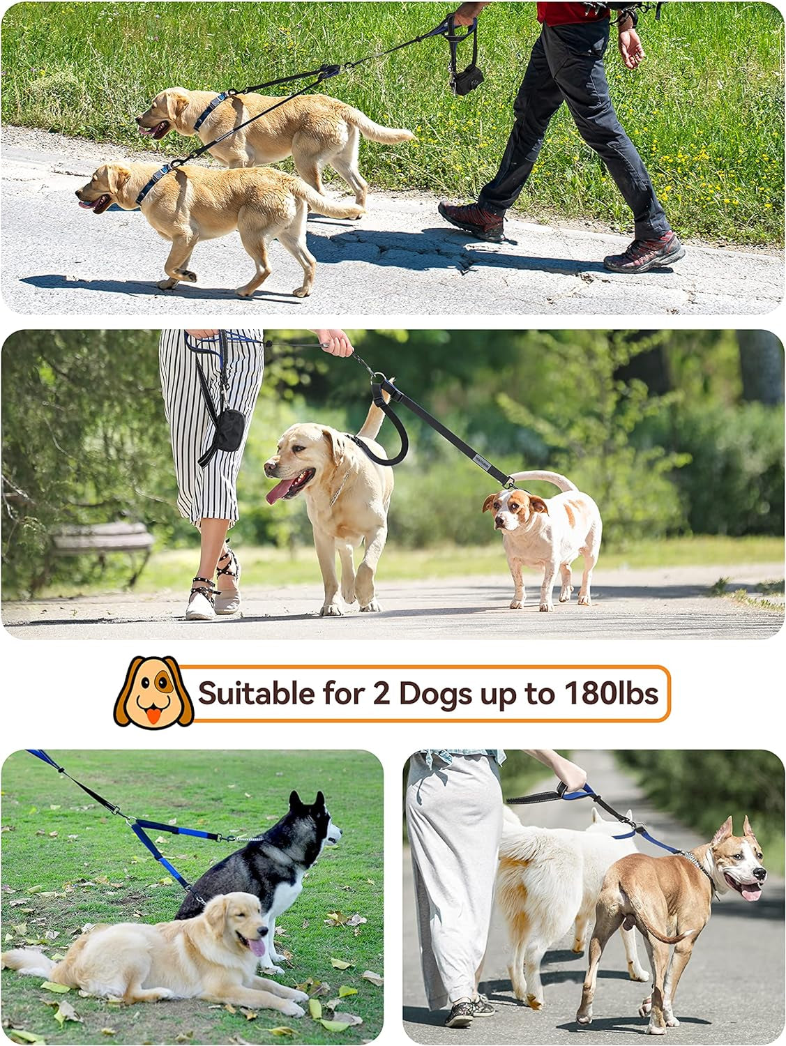 YOUTHINK Double Dog Leash, No Walking Leash, 2 Dogs up to 180Lbs, Comfortable Adjustable Dual Padded Handles, Bonus Pet Waste Bag for Best Gifts