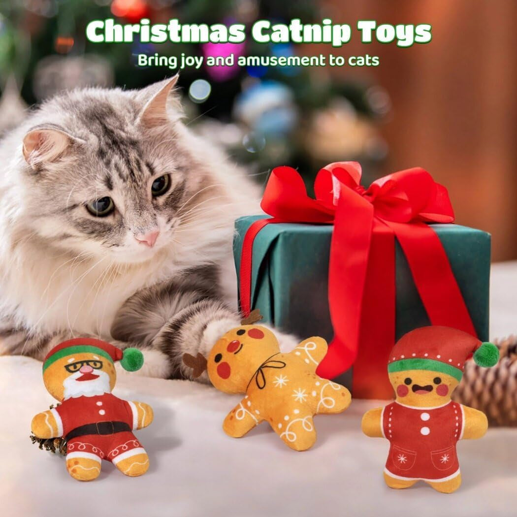 3-Pack Christmas Catnip Toys Interactive Cats, Catnip Filled Cat Teething Toy, Kitten Chew Plush Gift, Festive Catnip Crinkle Toy