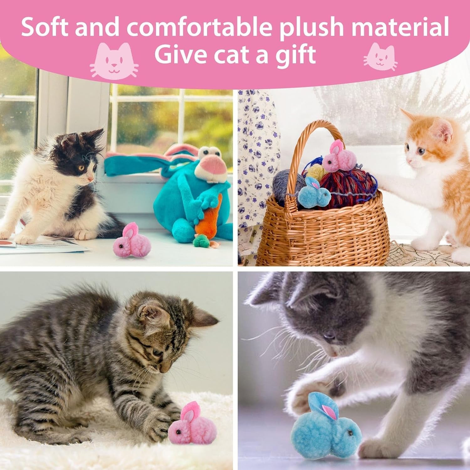 10Pcs Cat Plush Toy Balls, Cute Bunny Shape Kitten Pompom Soft Kittens 5.5Cm/2.16In Puff Ball Indoor Fun Colorful Cat Ball Toy Cat Pom Pom Balls for Pet