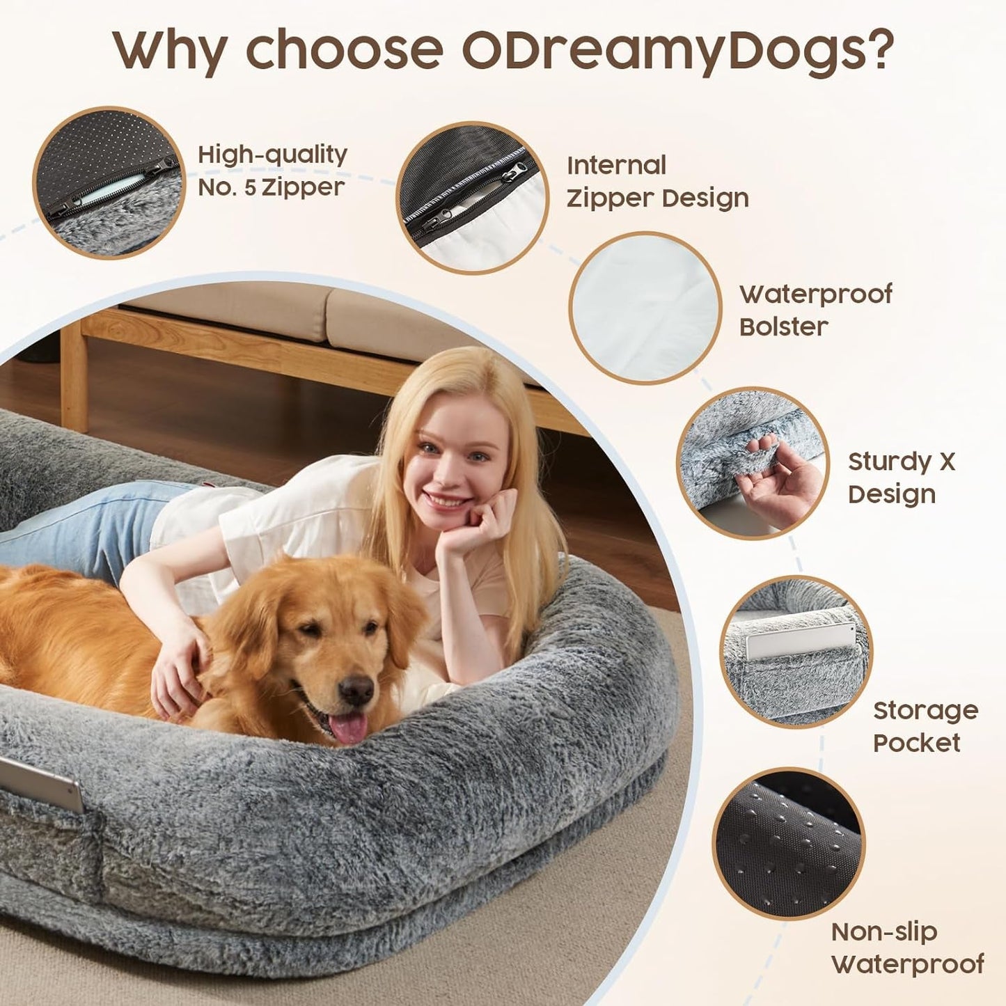 Human Dog Bed for Adult - Human Size Dog Bed for People with 320 GSM Luxurious Fluffy Faux Fur Cover, Giant Dog Bed for Humans Bean Bag Bed with 40D Orthopedic Memory Foam, (Large, Black)