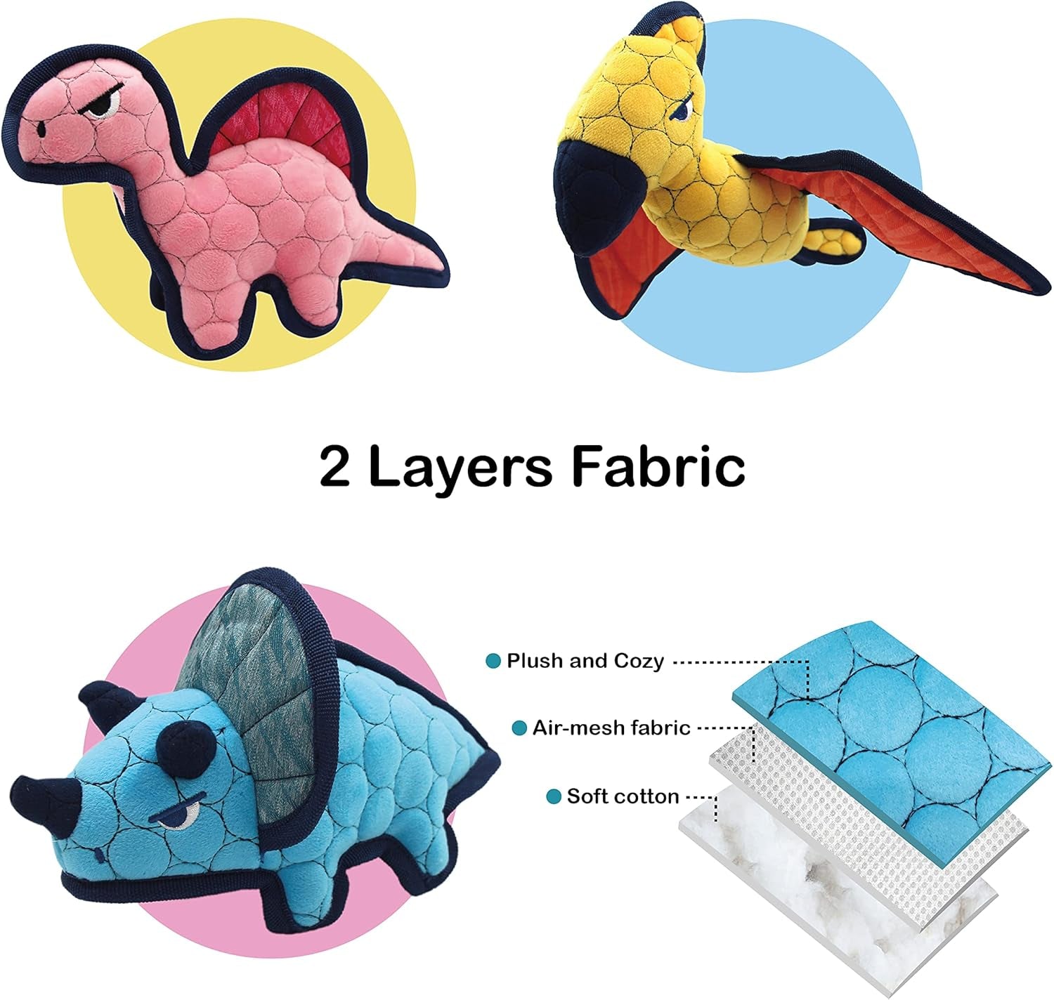 3 Pack Interactive Stuffed Squeaky Tough Dog Toys, Durable Plush Toys, for Small, Middle, Large Dogs, Assorted Dinosaur Toy Set, for Aggressive Chewers