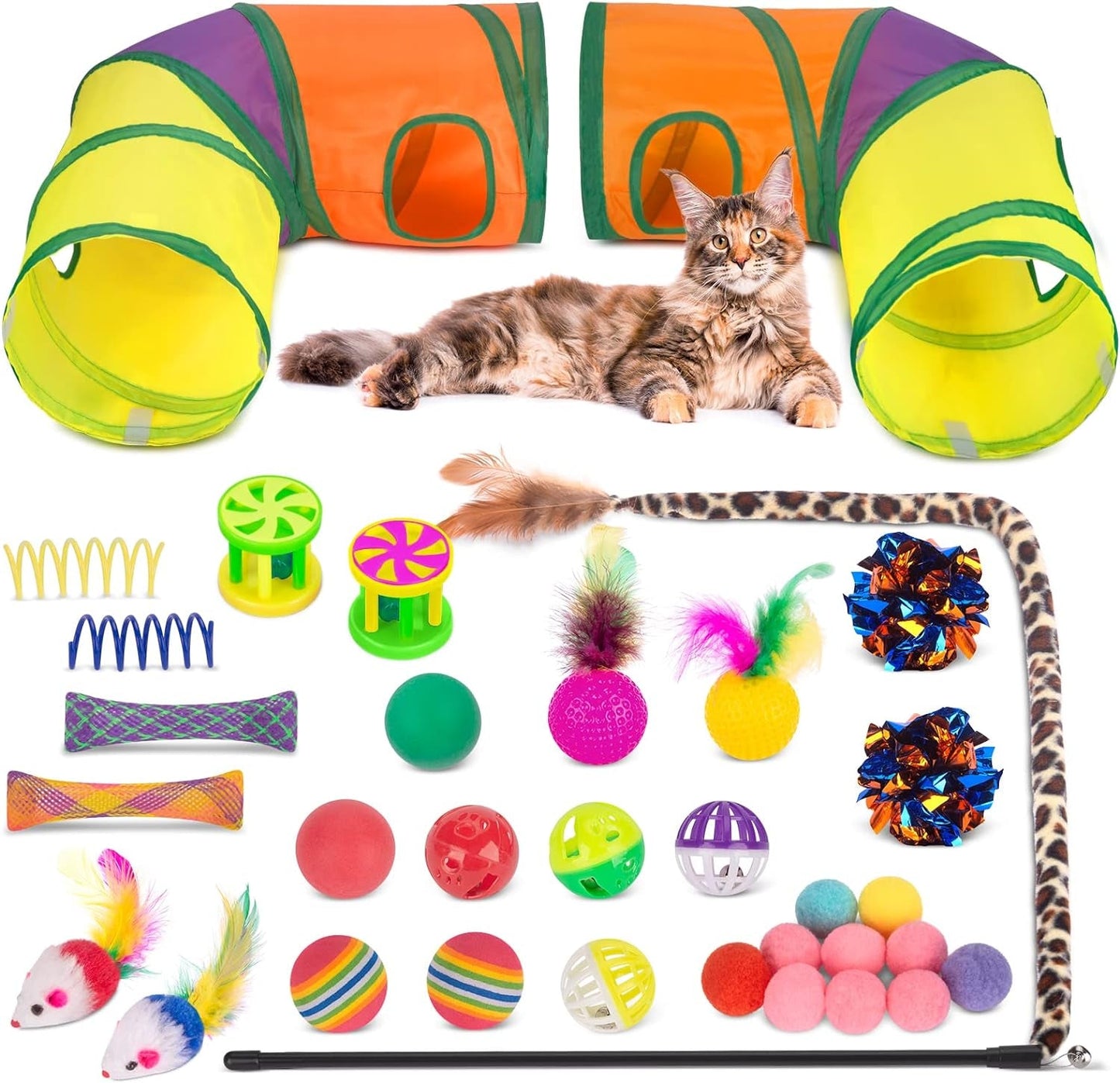 25 Pcs Cat Toys Set,Kitten Toys for Indoor Cats,Collapsible Cat Tunnel Tubes Interactive Feather Teaser Wand Toy for Kitten Cats Springs Mouse Crinkle Toys Rainbow Football Cat Ball with Bell Toy