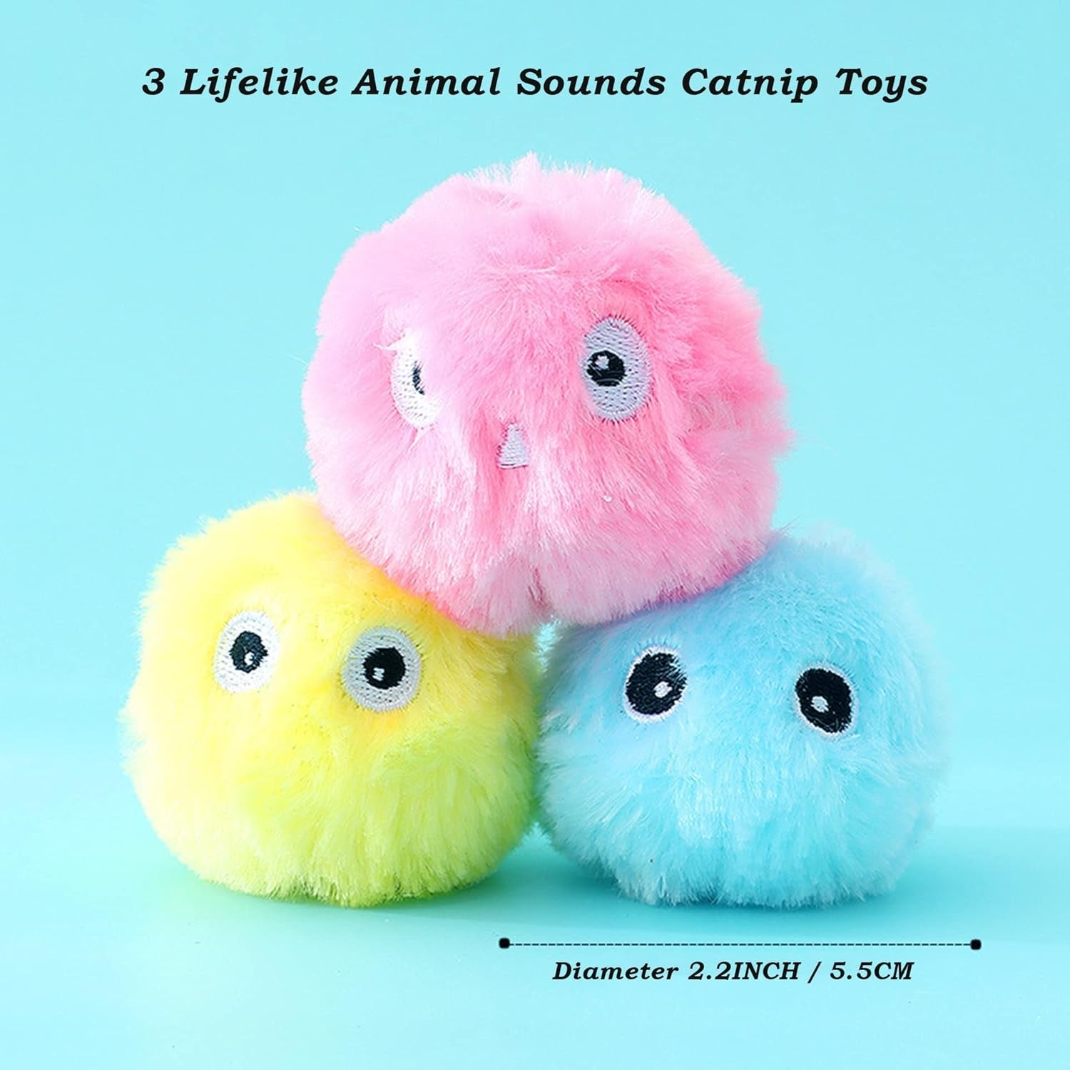 3 Pack Fluffy Chirping Cat Toy Balls, Plush Interactive Cat Ball Toys, 3 Lifelike Animal Sounds Catnip Toys