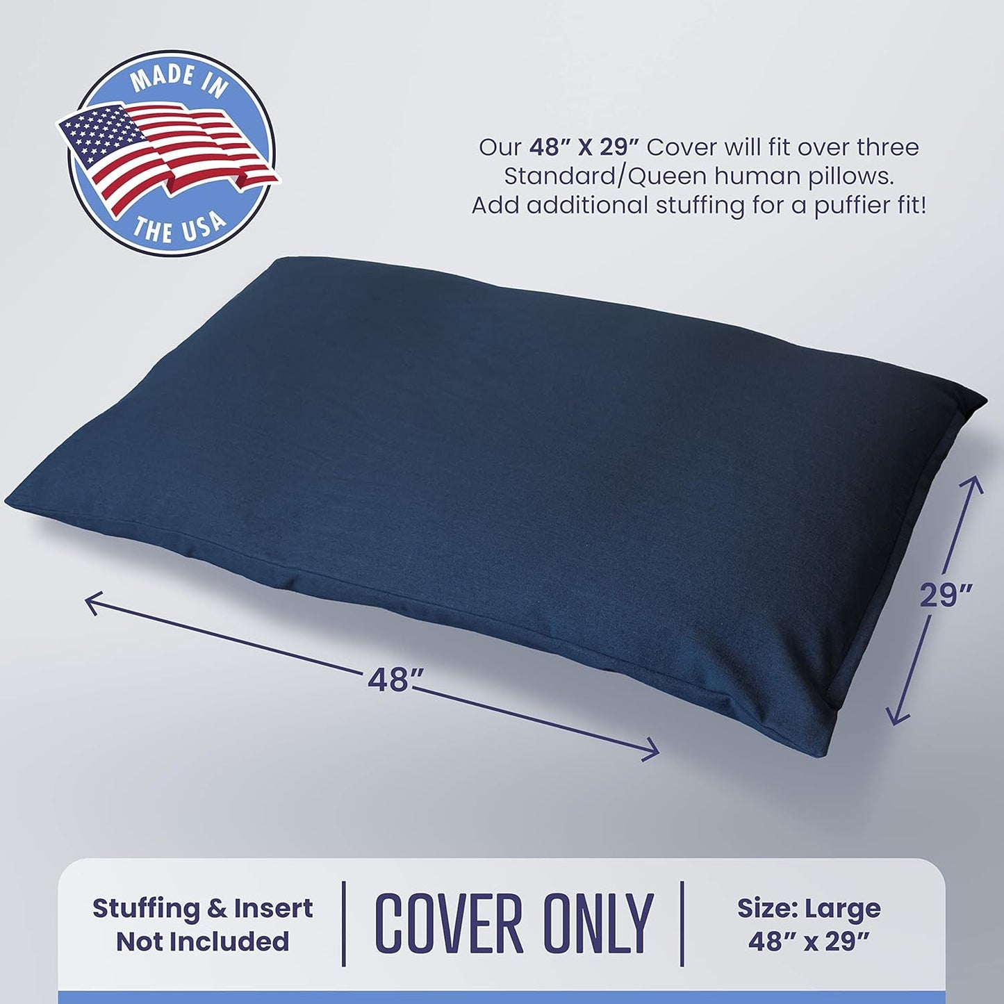 Mayfield Denim Large Dog Bed Cover - Zippered Duvet for Pet Bed - Extra Protection for Dog Bed Mattress or DIY Pet Bed with Pillows and Stuffing - Indigo - Made in USA Dog Bed Cover Only