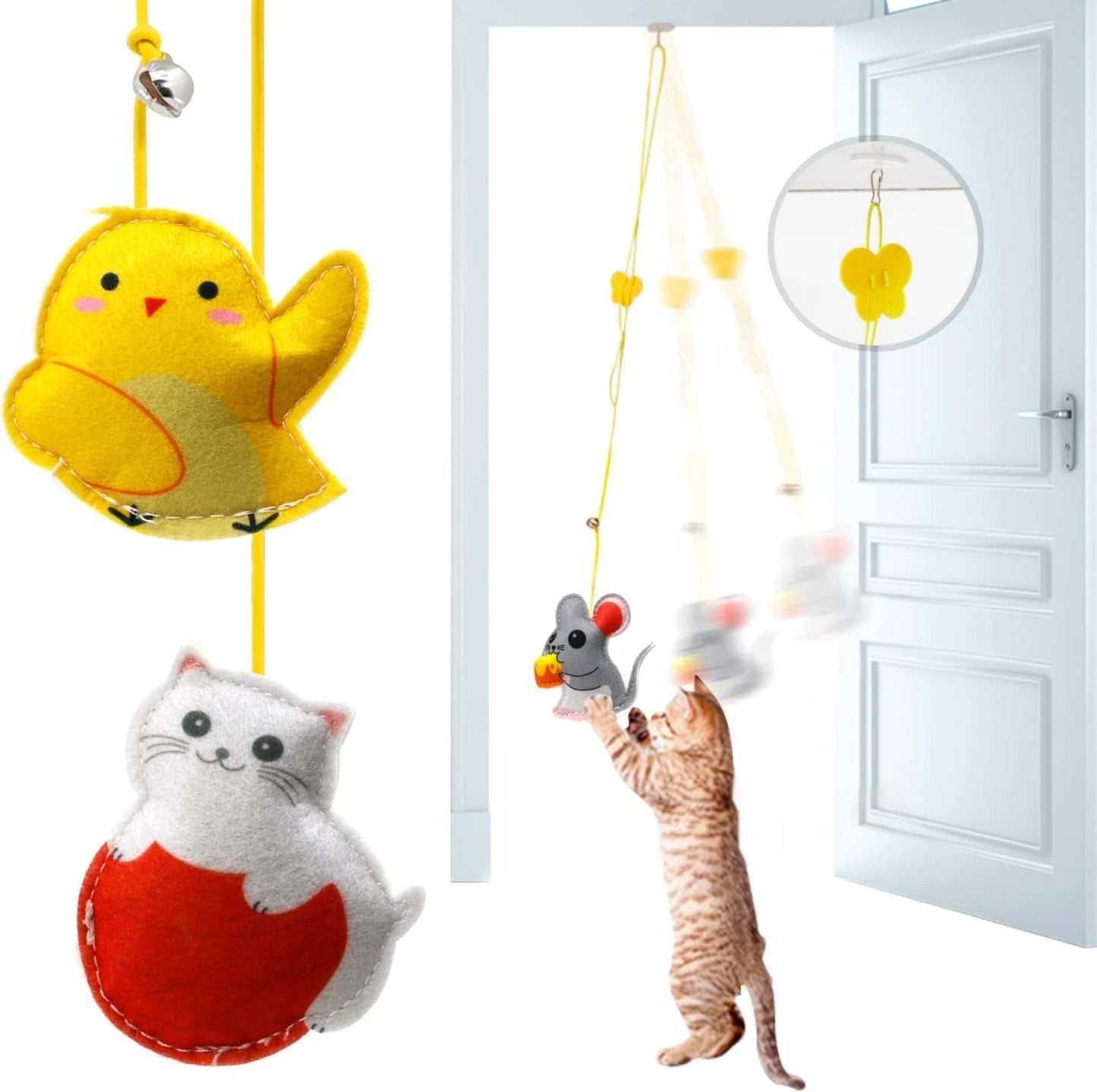 3 Pcs Butterfly Worm Interactive Cat Feather Teaser Toys, Adhesive Hook Door Hanging Toy for Indoor Cats Kitty Play Chase Exercise, Exercise Kitten Toys - Dragonfly/Tassels Worm (Feather Worm Toys)