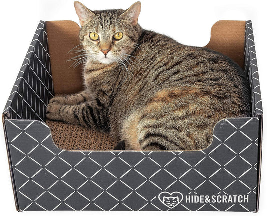 Hide & Scratch Extra-Large Heavy Duty Cardboard Cat Scratcher Box and Cat Bed with Refillable Scratch Pad