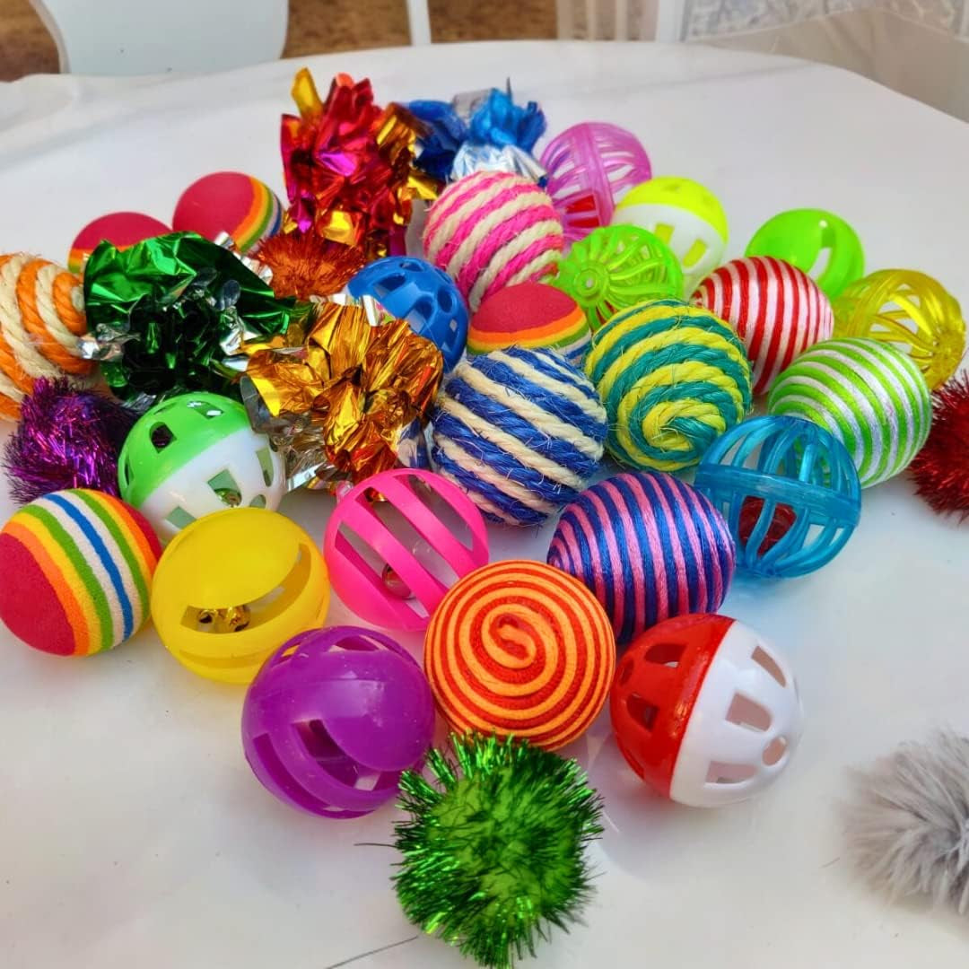 32 PCS Cat Toys, Kitten Cat Ball Toys Assortments, Including Rainbow Ball, Crinkle Ball, Sparkle Ball, Bell Balls, Sisal Ball, Linen Ball for Cats and Kitten