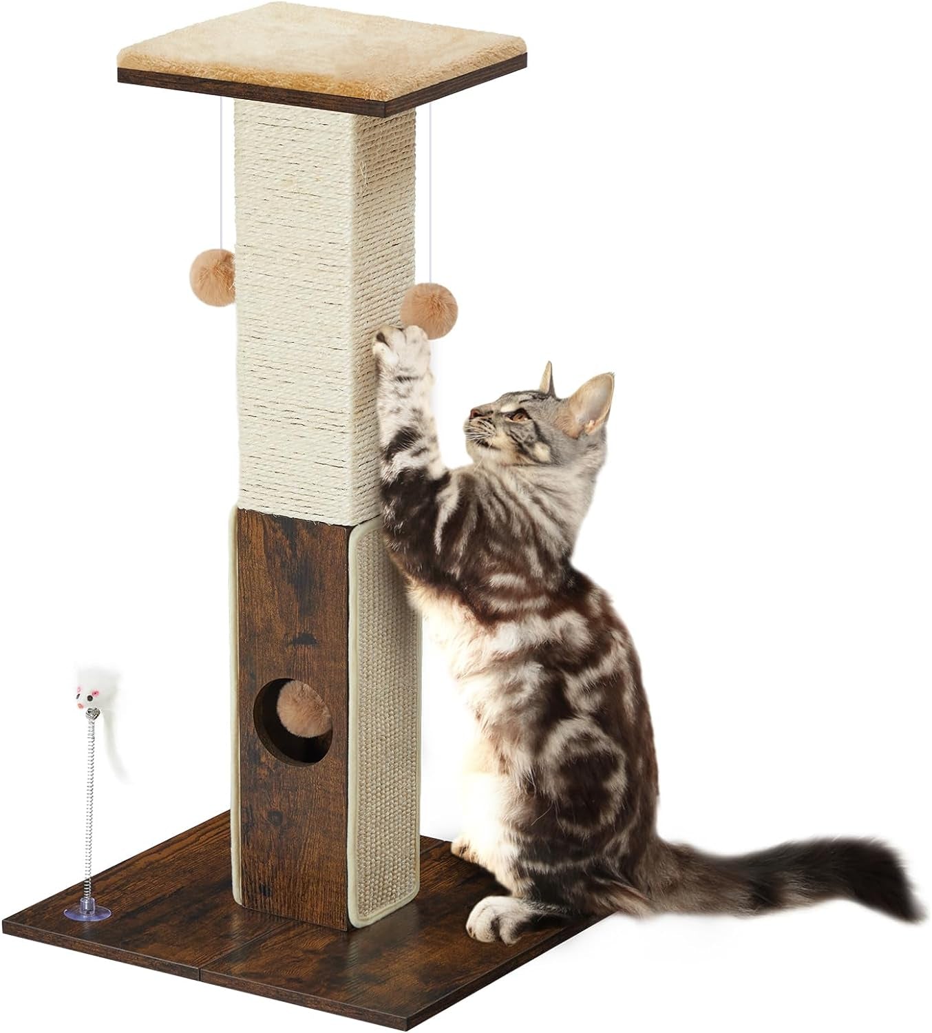 HOOBRO 28.3" Tall Cat Scratching Post, Cat Scratch Posts for Indoor Cats, Sisal Cat Scratcher Tower with Dangling Ball for Large Cats, Tall Furniture Scratching Cat Activity Scratcher, Greige BG01CP03