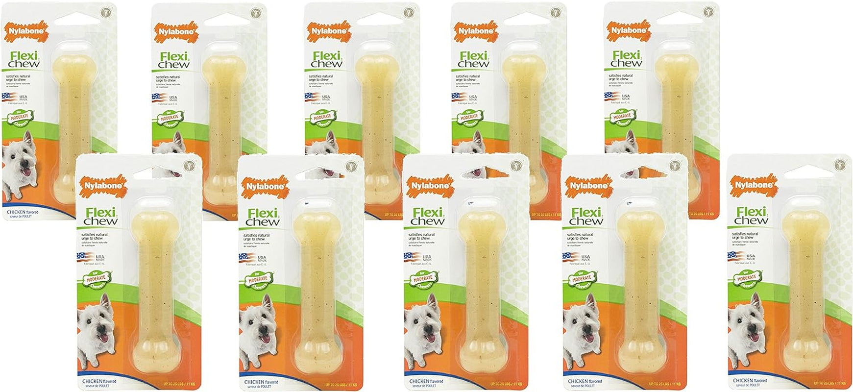 (10 Pack) Nylabone Flexichew Chicken Flavored Bone Dog Chew Toy - Size Regular