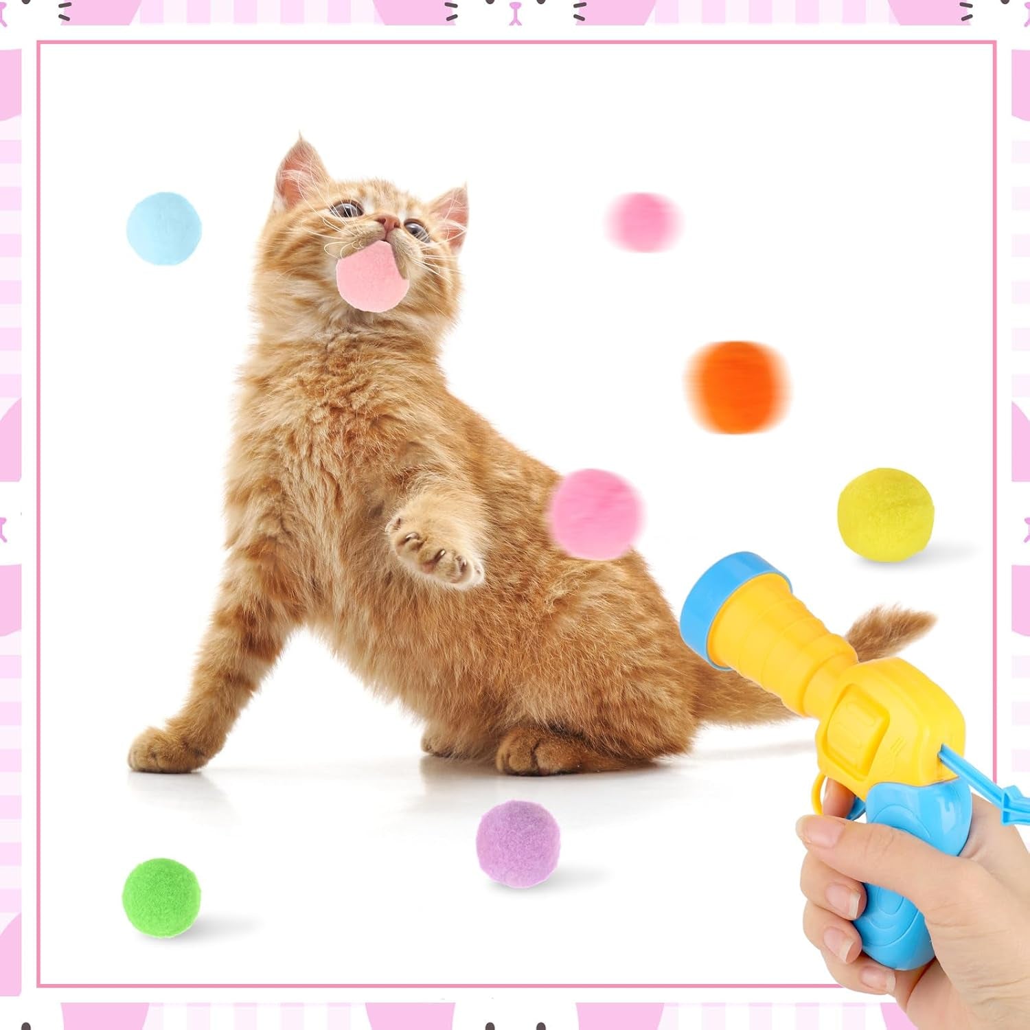 2 Packs Cat Toys Balls and Launcher Set, 100 Cat Pom Pom Balls & 2 Cat Toy Launchers, Interactive Cat Toys with Colorful and Soft Cat Balls, Active Cat Exercise Toys for Indoor Cats