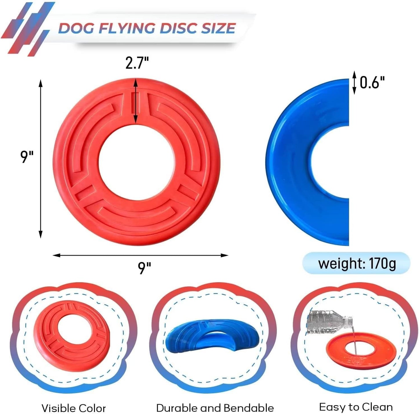 2 Packs Dog Toy Flying Disc, Pet Training Rubber Flying Toy Golf Saucer Fetch, Floating Water Dog Toy 2Pcs for Small, Medium, or Large Dogs Outdoor Flight, BLUE & RED