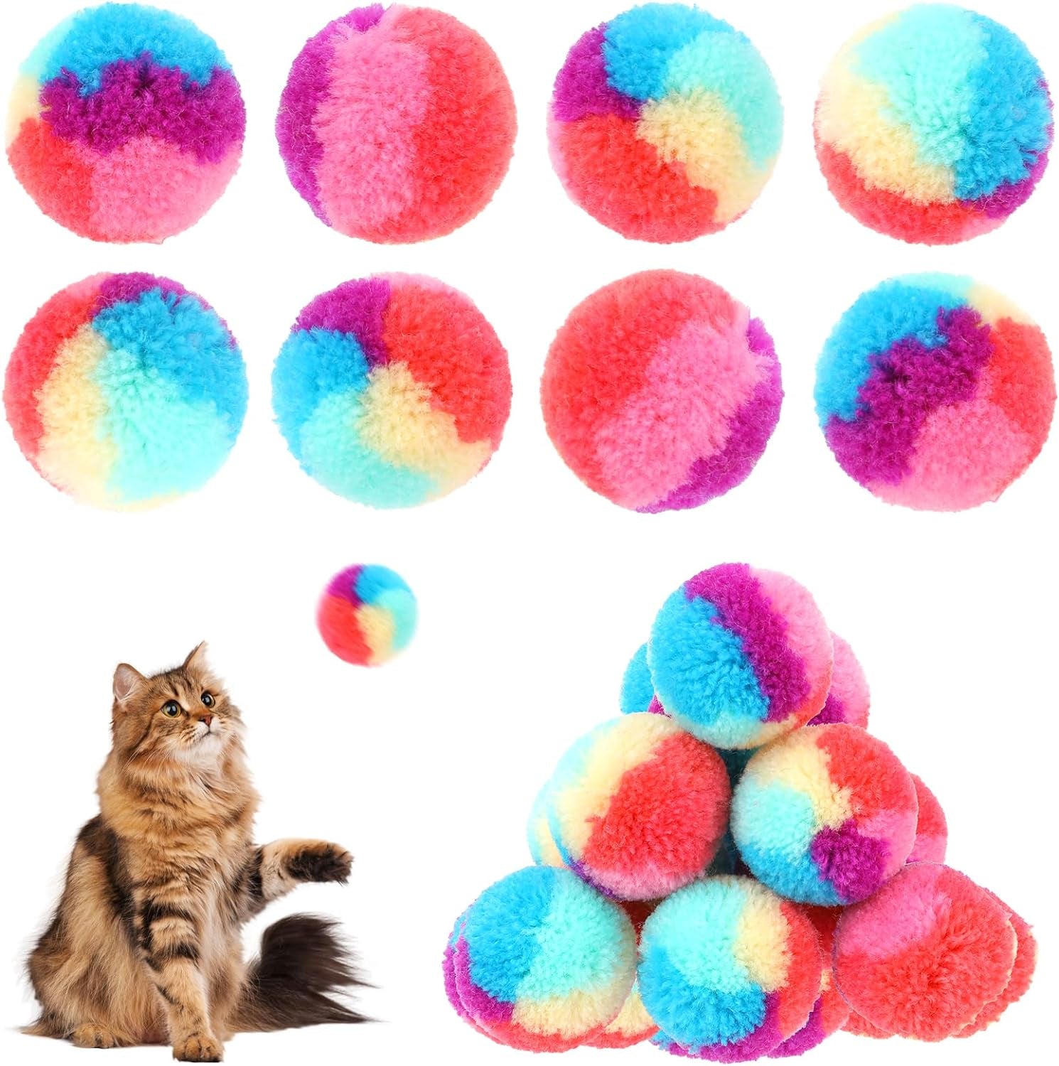 30 Pcs Soft Plush Cat Ball 1.2-Inch Rainbow Cat Toy Balls Fuzzy Kitty Balls Kitten Puff Balls Colorful Cat Pom Pom Balls for Cat Kitten Pet Playing Exercising