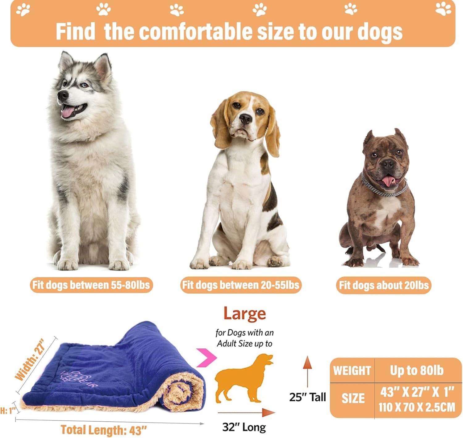 Large Dog Bed Mat 44 Inch Washable Mat Crate Pad, Ultra Soft and Warm Dogs Blanket Mats, Reversible Dog Bed Crate Luxurious Fur Never Bunches Pet Sleep Mats for Cold Weather or Winter