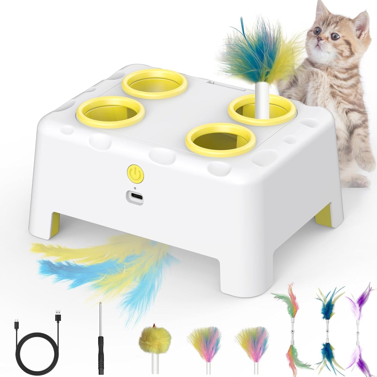 Interactive Cat Toys, 2-In-1 Automatic Cat Toy, 4 Holes Mice Whack a Mole Cat Mouse Toy with Moving Feather, Portable USB Rechargeable Electronic Kitten Toys White & Yellow