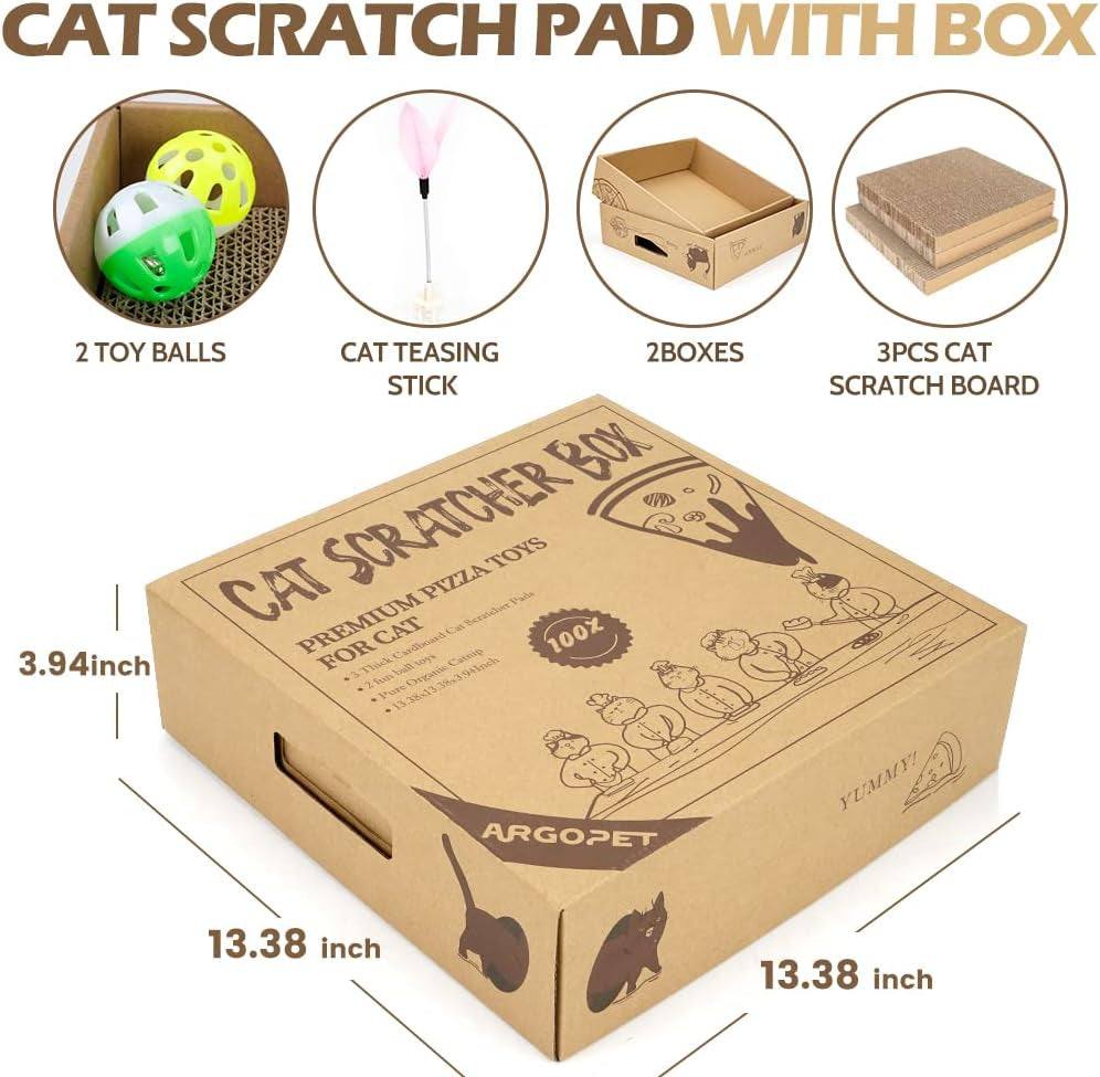 2 Pack Cat Scratcher Box with 3 PCS Scratching Pads, Reversible Corrugated Cardboard Lounge Bed with Feather Toy and Balls Recyclable Cat Scratcher Cardboard for Indoor Cats