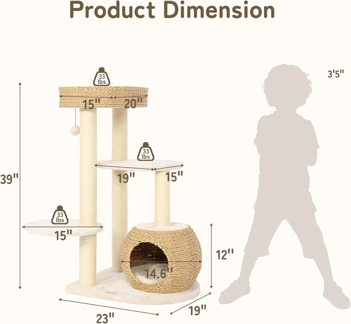 KAMABOKO Modern Cat Tree, Cat Tree for Indoor Cats W/Natural Sisal Scratching Posts, Hand-Woven Condo & Top Perch, 39" Tall Cat Tree for Kittens Climb Play & Rest