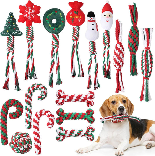 30 Pcs Christmas Dog Chew Toys Puppy Dog Rope Toys Bone Shape Candy Cane Assorted Styles Dog Tug of War Toys for Aggressive Chewers Small Medium Large Breed Pet Teething