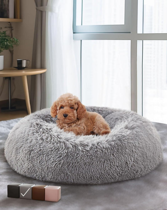 Calming Donut Bed for Dogs and Cats, Ultra Soft Circle Bed, Cozy, Waterproof, Zipper Cover, 23 in Bed, Small Dog Bed (Light Gray)