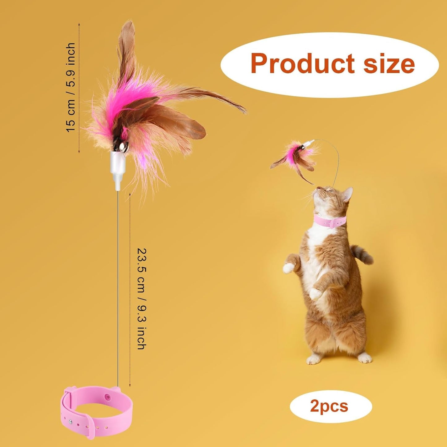 2Pcs Cat Teaser Wand Toy, Cat Teasing Wand Collar Silicone Adjustable Cat Wand Toy Feather with Bell Cat Interactive Teaser Toys for Indoor Cat Kittens Playing Exercise (Pink)