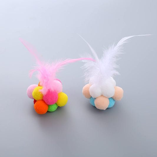 2 Pack Cat Plush Ball Toys with Feathers and Bells, Rainbow Color, for Small Animals