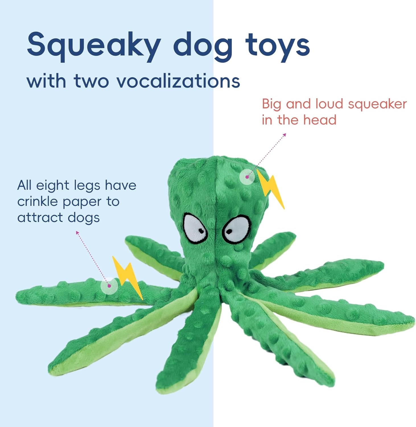 2 Pack Squeaky Dog Toys, Octopus Plush Dog Toys No Stuffing Crinkle Pet Toys for Small, Medium, Large Dogs Teething, Durable Aggressive Chewers (Green + Orange Octopus)