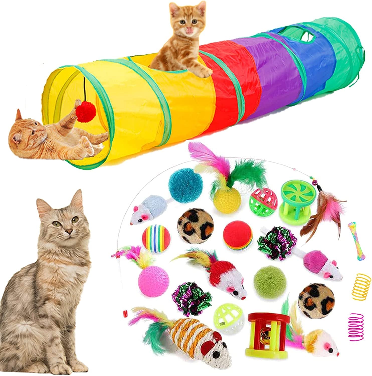 32Pcs Cat Toys Kitten Interactive Pet Toys Assortments, Foldable Rainbow Tunnel, Teaser Wand Fluffy Mouse Crinkle Balls Bell Play for Puppy Kitty (3 Way)