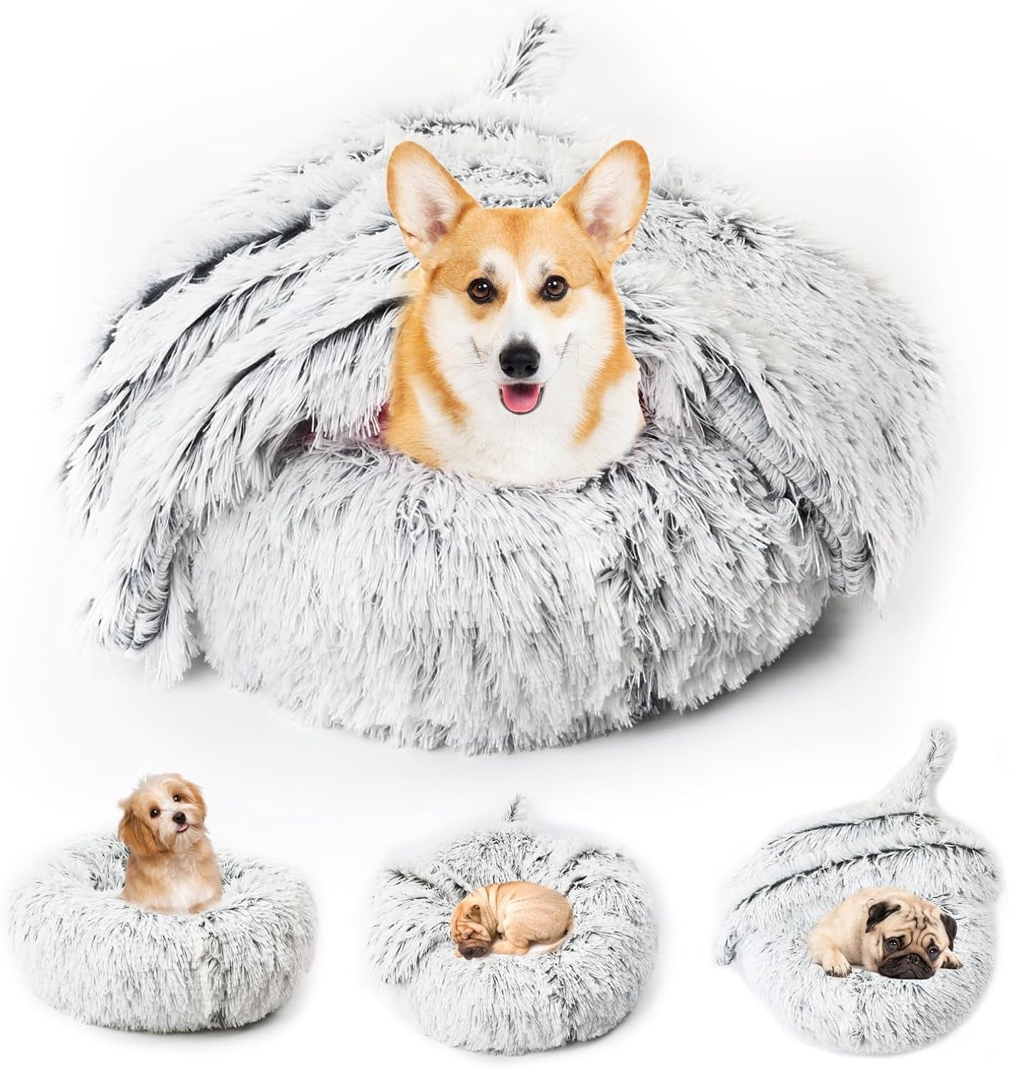 Calming Small Dog Bed Cat Bed with Detachable Blanket Cute Donut Dog Bed round Fluffy Comfort Pet Puppy Anti-Slip Washable Bed (Grey, S)