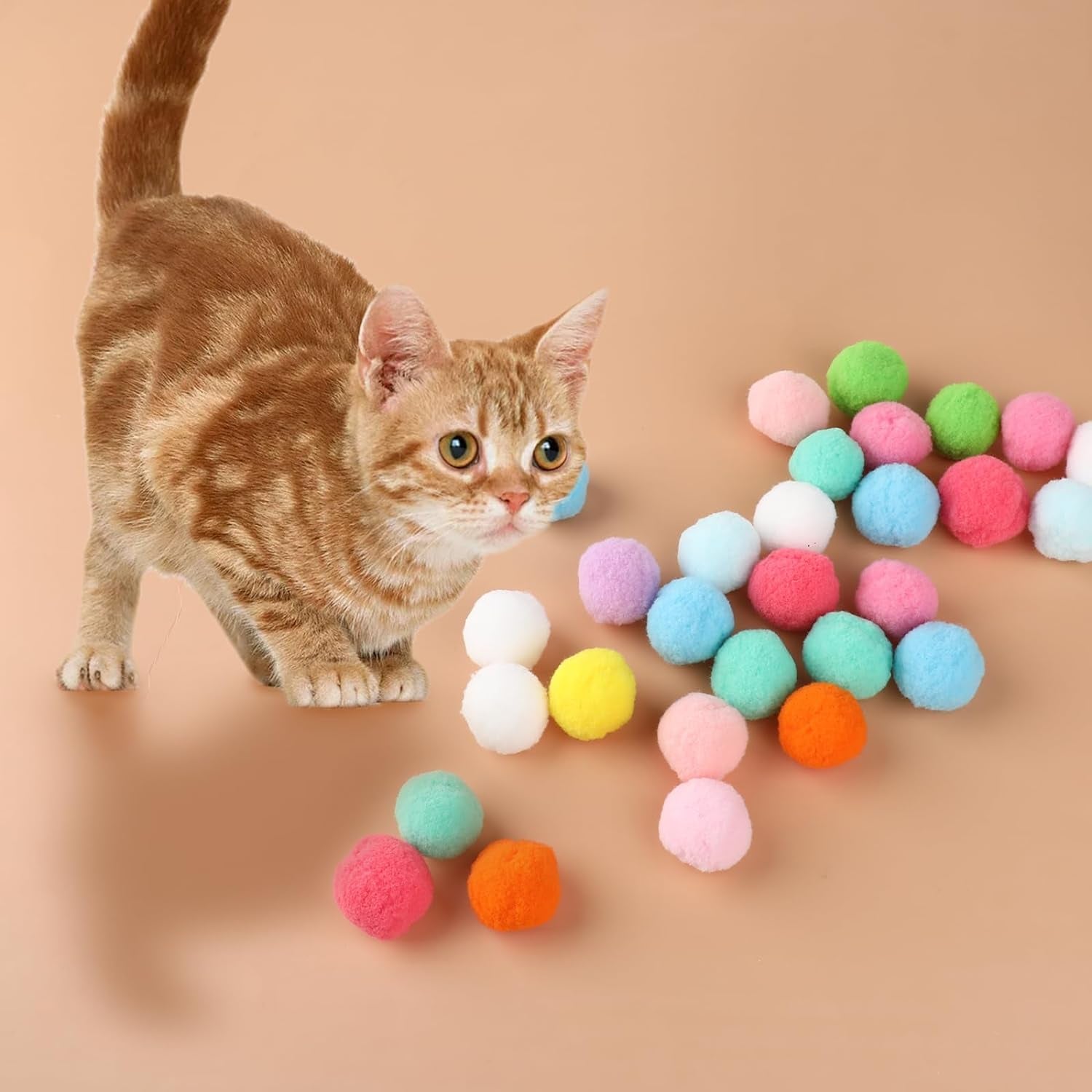 30 Pcs Cat Ball Launcher with Plush Ball, Cat Toys Cat Pom Balls Cat Ball Toy Elastic Plush Ball, Indoor Interactive Toys for Cats Kitten Training and Playing