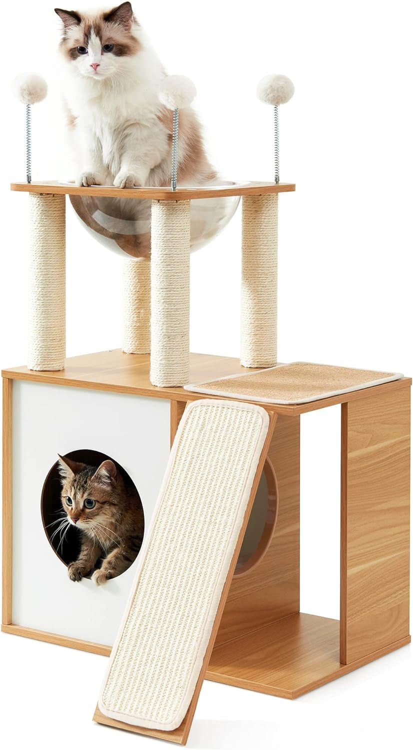 Made4Pets Cat Tree, Modern Cat Tree Tower for Indoor Cats - 65" Tall Wood Condo with Hammock, Scratching Post and Removable Pads for Small Large Cats