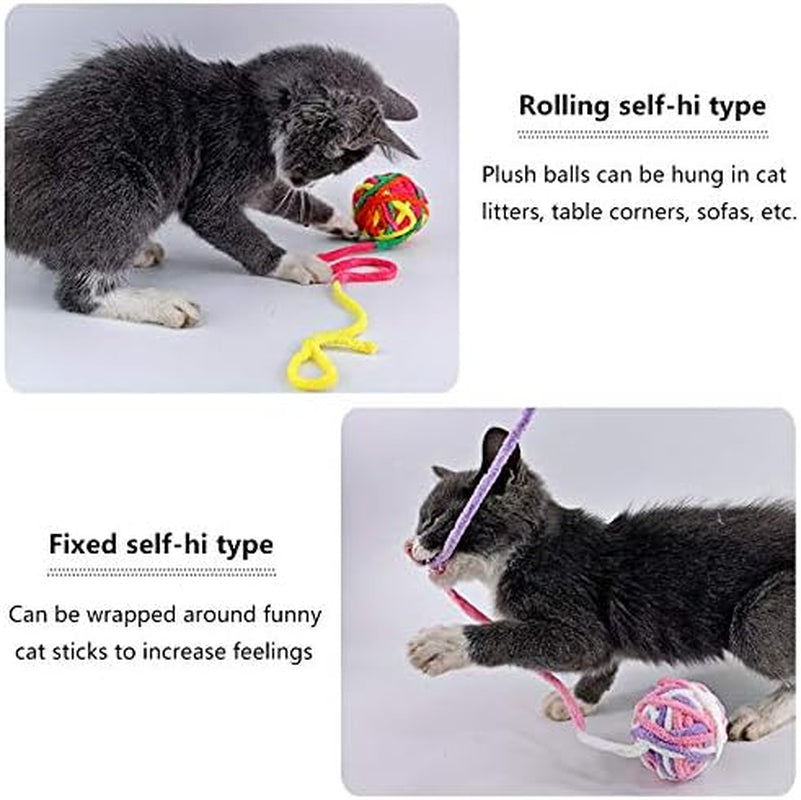 2PCS Colorful Cat Play Ball Long Tails Interactive Built-In Rings Animal Funny Fuzzy Kitten Wool Ball Rope Chewing Training Toys