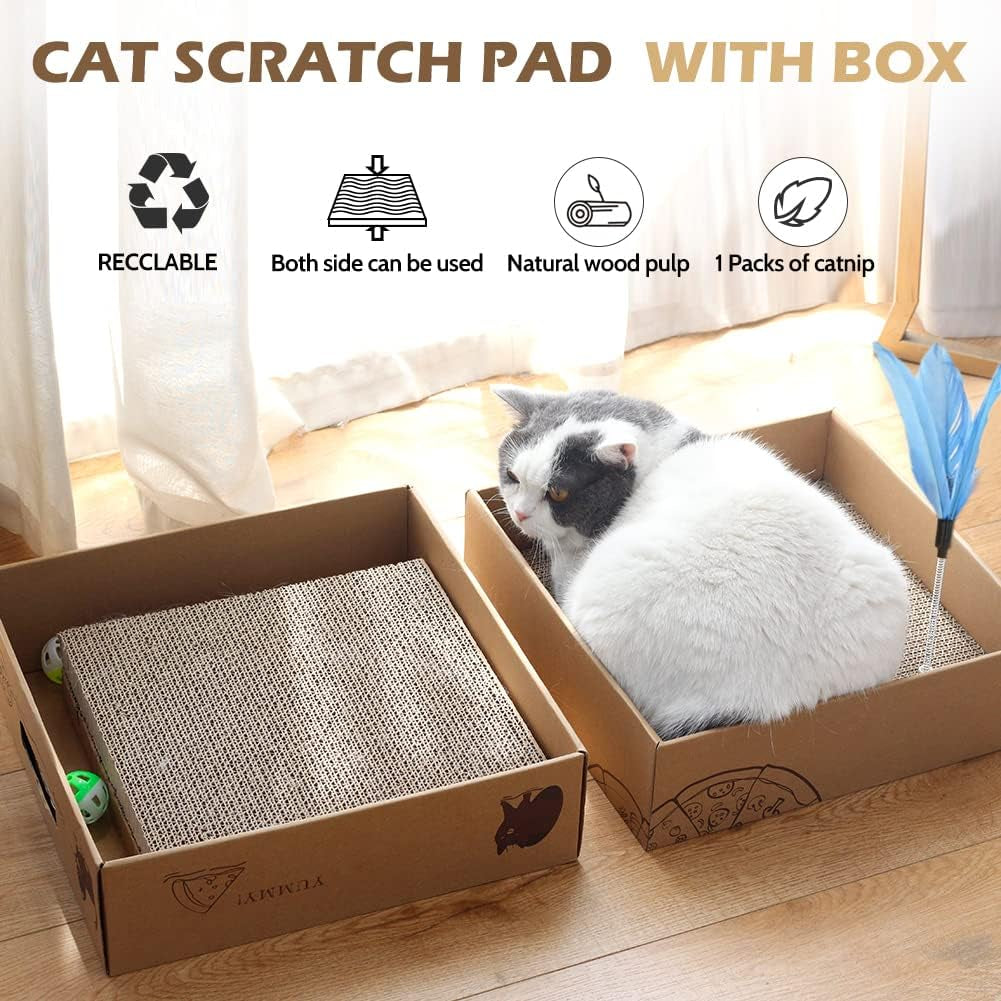 2 Pack Cat Scratcher Box with 3 PCS Scratching Pads, Reversible Corrugated Cardboard Lounge Bed with Feather Toy and Balls Recyclable Cat Scratcher Cardboard for Indoor Cats