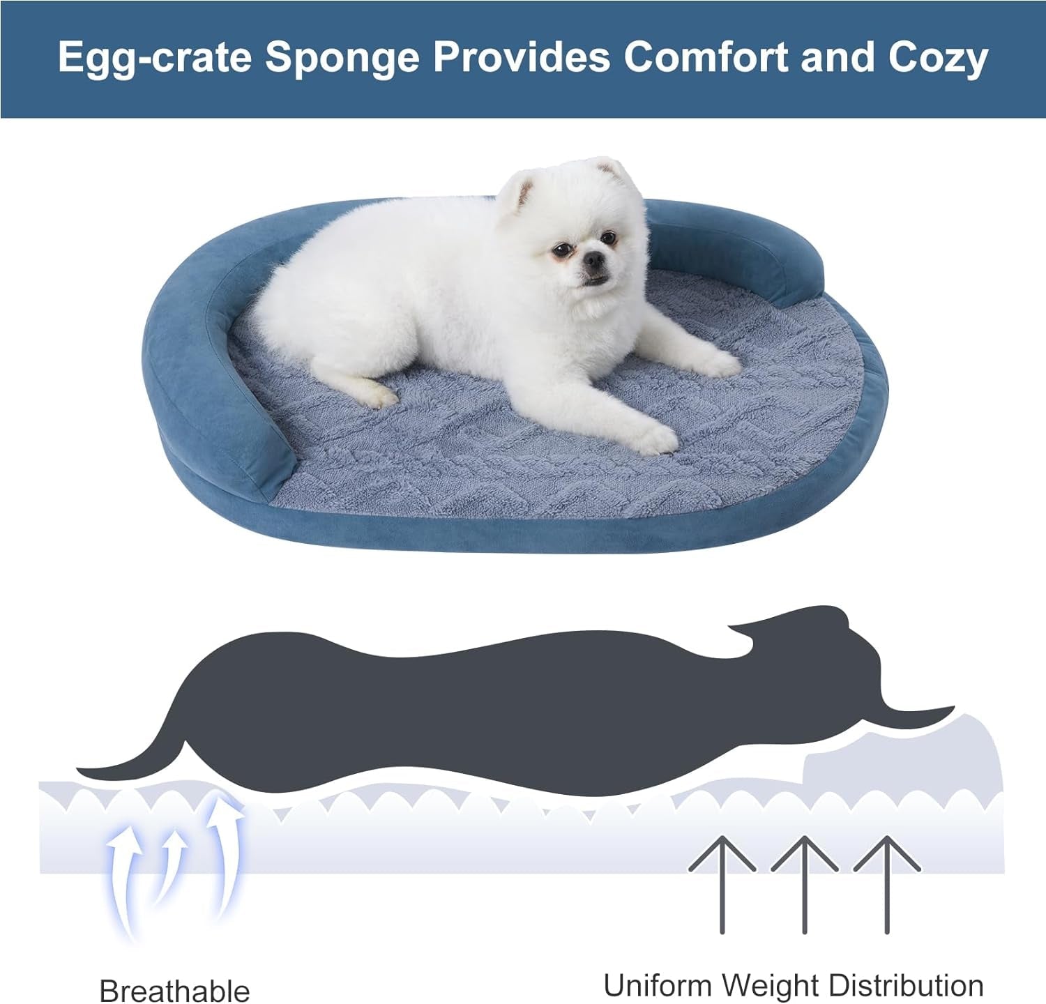 Jiupety Dog Bed with Egg-Crate Foam, Waterproof Dog Bed with Half Oval Pillow, Easy to Enter and Exit, Excellent Cloth, High-Gain Egg-Crate Sponge, Luxury, Waterproof, Soft and Comfy (Blue)