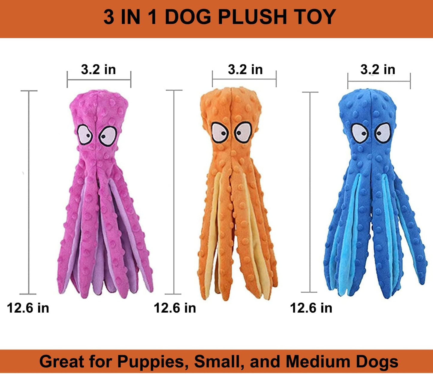 3 Pack Octopus Dog Squeaky Toys with Crinkle Paper- No Stuffing Dog Chew Toy for Puppy Teething- Soft & Durable Plush Crinkle Interactive Tots Toy for Small Medium Large Dogs (Blue+Orange+Purple)