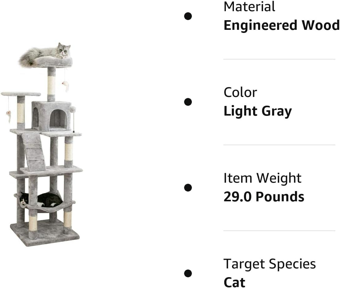 MWPO 63.8 Inches Multi-Level Cat Tree for Large Cats with Sisal-Covered Scratching Posts, Padded Platform, Hammock and Condo,Stable Cat Tower Cat Condo Pet Play House-Light Gray