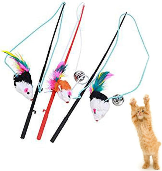 3Pcs Funny Pet Feather False Mouse with Plastic Stick 31Cm and Small Bell Cat Kitten Playing Scratch Toy (Color Random)