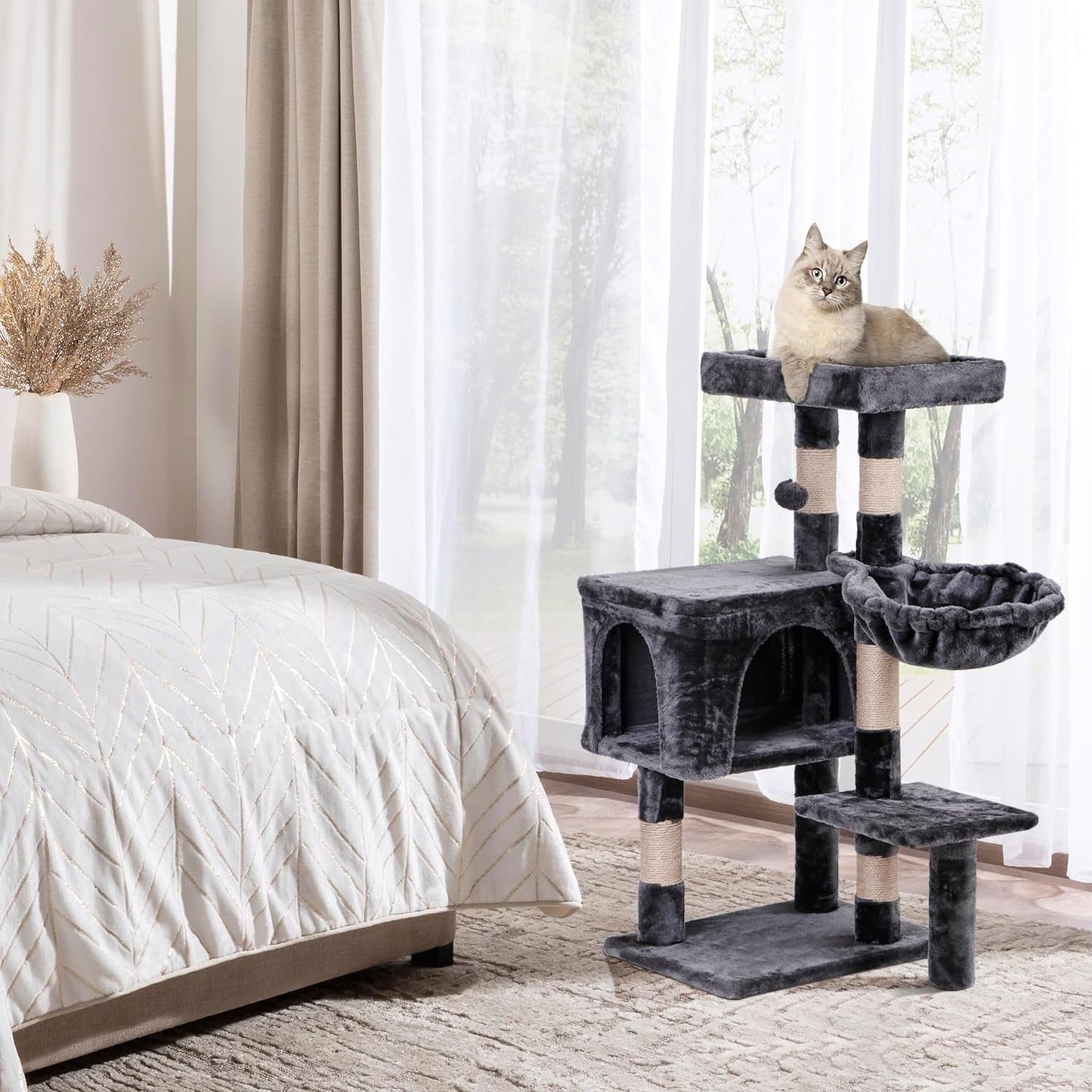 35.5 Inch Cat Tree for Indoor Cats, Multi-Level Cat Condo Tower with Large Top Perch, Hammock and Scratching Posts, Dark Grey