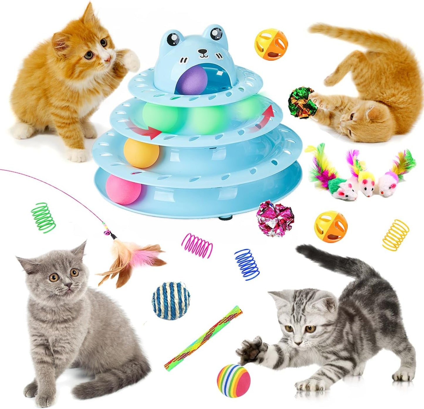 17 Pack Cat Toys, 4-Level Turntable Ball Track Interactive Cat Toy for Indoor Cats, Self Play Fun Roller with Colorful Rotating Ball Puzzle Exercise Kitten Toys Set