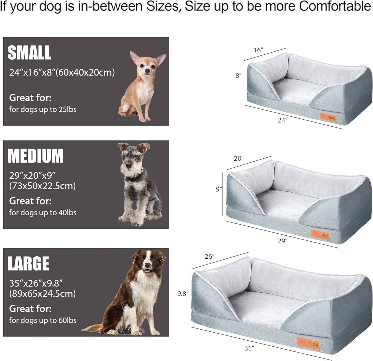 Fida Orthopedic Dog Bed with Memory Foam Base - Dog Lounge Sofa, Removable Washable Cover, Pets Couch Beds for Small Dogs & Cats (Small, Grey)