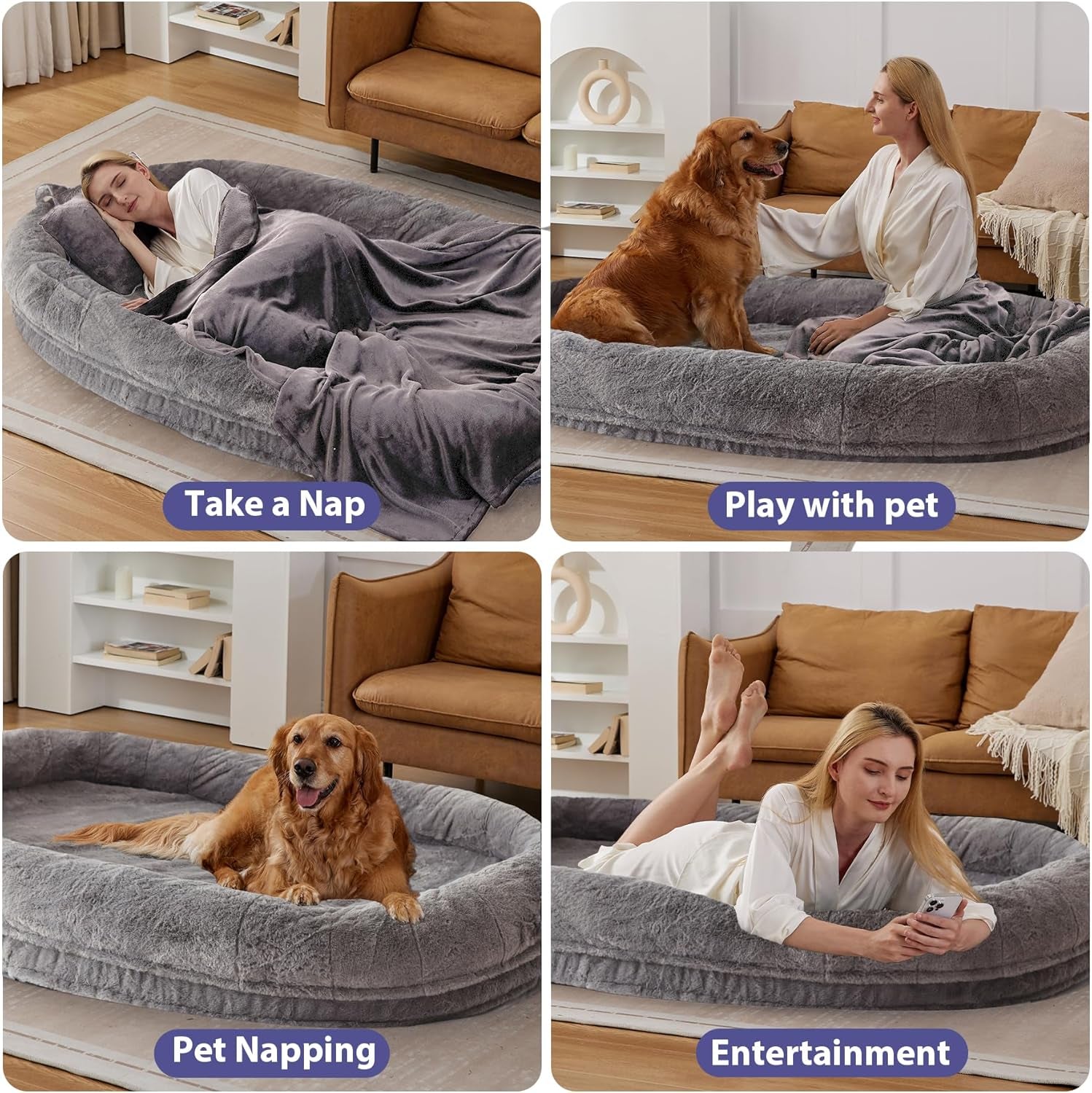 Human Dog Bed for Adult, Human Sized Dog Bed with Pillow and Blanket, Foldable Giant Dog Beds for Nap, Camping, Thickened Bottom,Fully-Enclosed,Grey, 71" X 46" X 9"